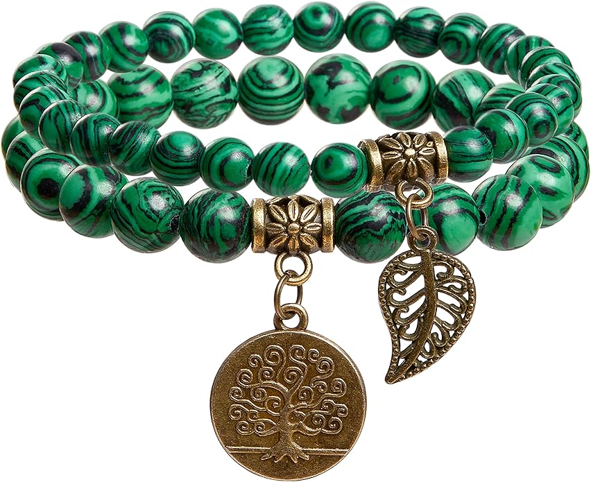 Bivei Natural Semi Precious Gemstone beads bracelet for women - Life Tree and Leaf Charm Energy Reiki Crystal Stretch Bracelets