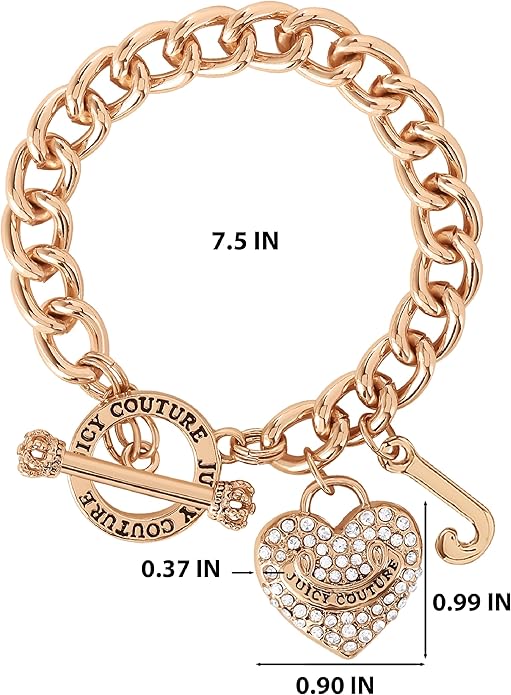 Juicy Couture Bracelet 7-7.5", Goldtone Heart Charm and Toggle Bracelets for Women, Juicy Jewelry