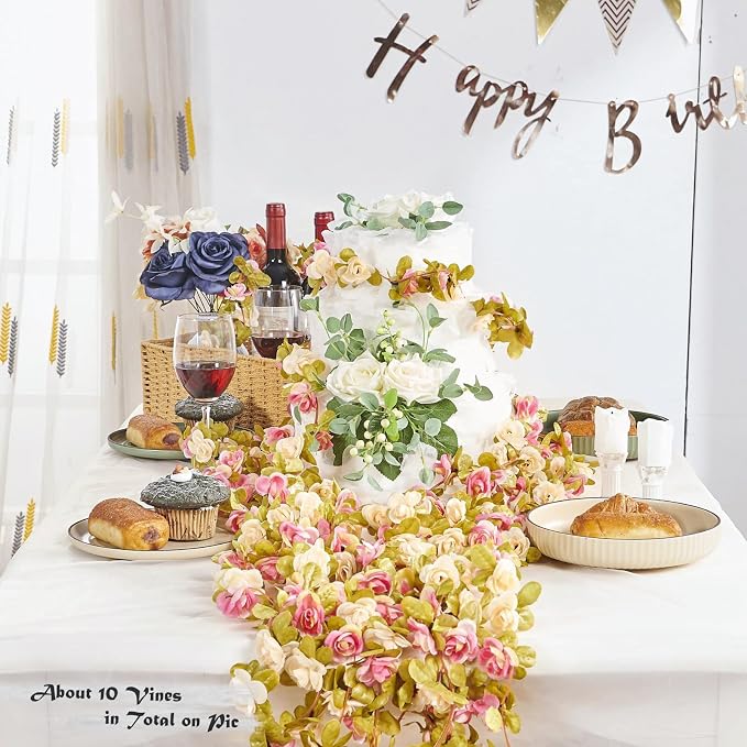 6Pcs x 8.2FT Artificial Flower Garland Rose Vine, Champagne Pink Flower | - Image 2