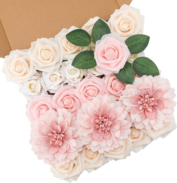 Artificial Pink Flowers Fake Rose Flowers Dahlia by FloweroyalCrafts