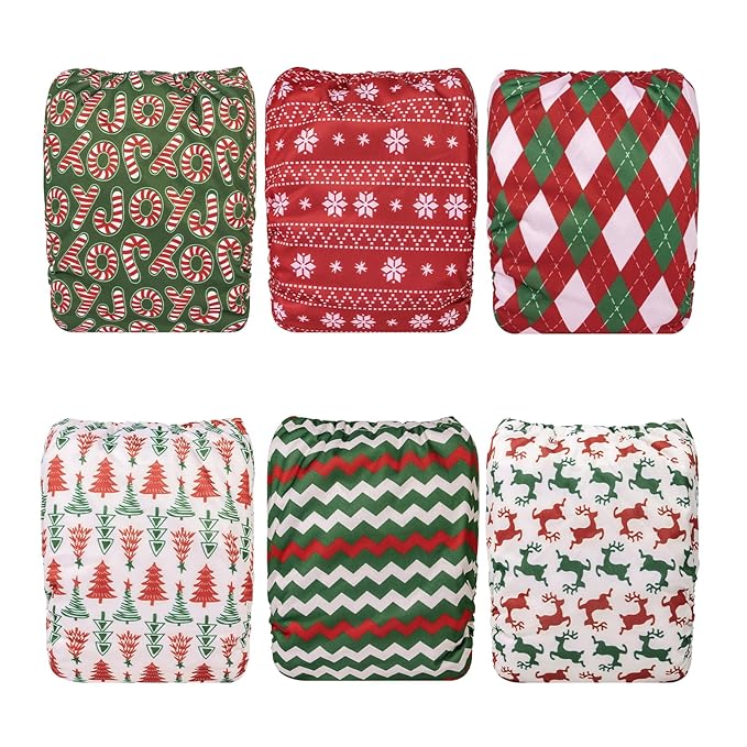 Babygoal Christmas Cloth Diapers 6 Pack with 10pcs Inserts, Reusable Adjustable Washable Baby Pocket Nappy Covers 6FN32
