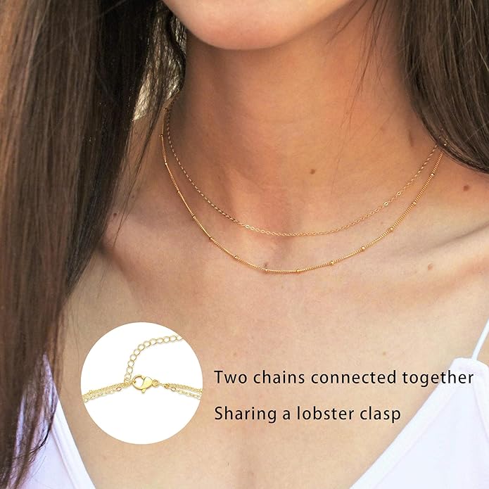 CHESKY 14k Gold Plated/Silver Plated Dainty Necklace for Women, Trendy Satellite Choker Necklace Thin Beaded Layered Choker Necklaces Discs Paperclip Chain Necklaces Womens Simple Jewelry