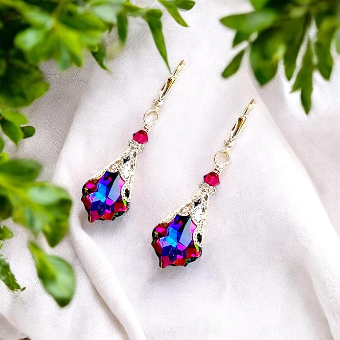 Antique Inspired Vintage Victorian Dangle Drop Earrings for Women - Colored Austrian Crystal Leverback Earrings - Jewelry Gift for Her