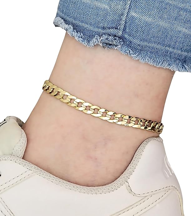 Gold Electroplated Anklet for Women, 9-12 Inch Sizes, Figaro, Cuban, Mariner, Herringbone Design - Made in Korea