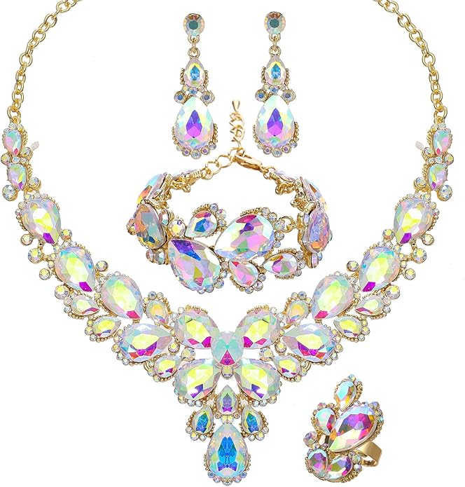 Women's Wedding Bridal Austrian Crystal Glass Teardrop Statement Necklace Dangle Earrings Bracelet Ring Wedding Party Jewelry Set for Bridal Bridesmaid