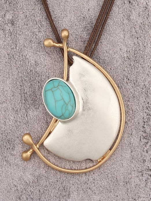 GelConnie Leather Necklace for Women Large Pendant Long Brown Necklace Circle Leather Choker Vintage Sweater Necklace Gold Chunky Boho Necklaces for Women
