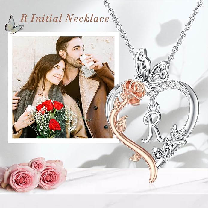 TOUPOP Rose Heart Necklaces Gifts for Women 925 Sterling Silver Butterfly Heart Initial Necklace Anniversary Valentines Day Birthday Jewelry Gifts for Mom Her Wife Girlfriend Daughter