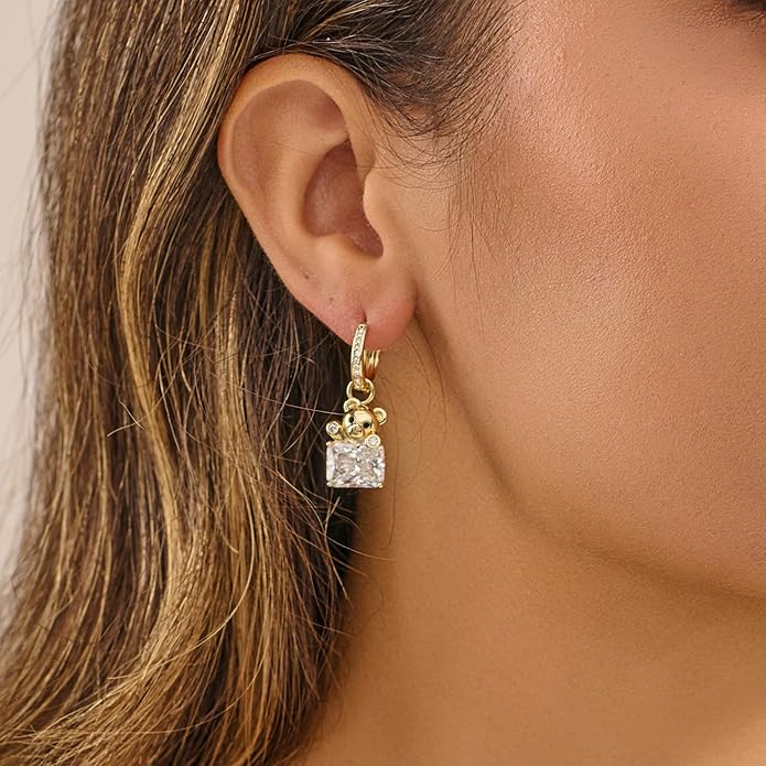 YOIHUR Cute Gold Hoop Earrings for Valentine's Day, 14K Gold Plated Hypoallergenic Jewellery CZ Huggie Drop Earrings, Bear Butterfly Ladybug Joker Heart Pendants Earring Jewelry Gifts for Women