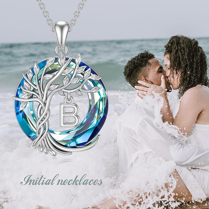 TOUPOP Gifts for Women Tree of Life Necklace 925 Sterling Silver Initial Pendant Family Tree Crystal Jewelry Valentine's Day Birthday Gifts for Her Mom Wife Girlfriend Daughter