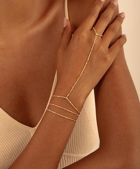 CHESKY 14K Gold Plated Hand Chain Bracelets for Women Set - Dainty Finger Ring Bracelet Stack Adjustable Hand Chains Durable Beaded Bracelets Trendy Simple Body Jewelry Gift for Women