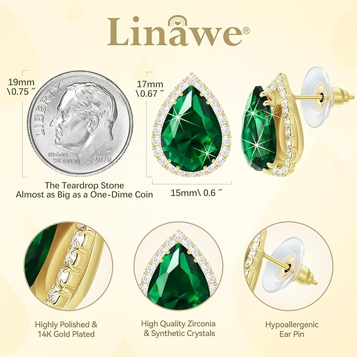 Linawe Women Stud Earrings, Teardrop Diamond Moissanite Cubic Zirconia Earrings Studs Rhinestone Jewelry Gold/Silver/Rose Gold