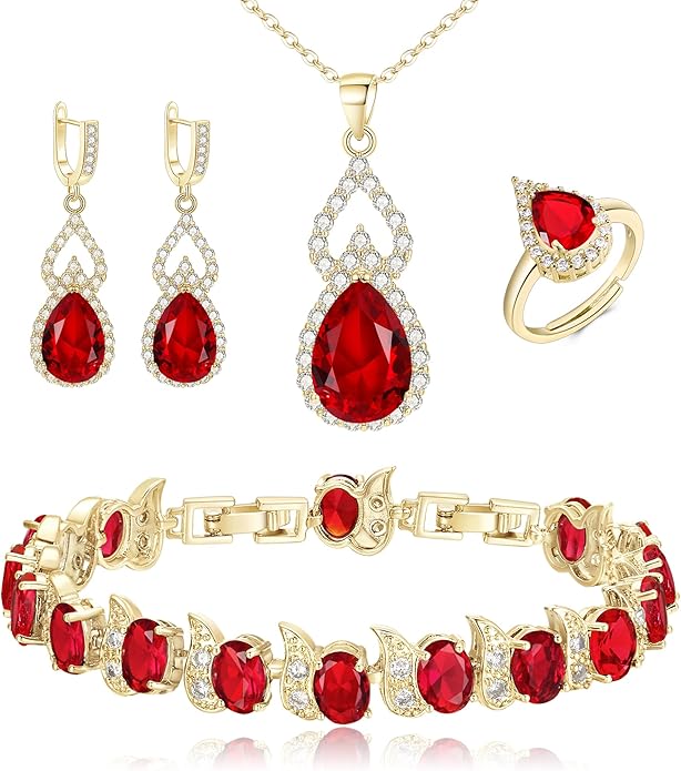 BriLove Wedding Jewelry Set for Women Bride Bridesmaid, Gorgeous Cubic Zirconia Teardrop Necklace Earrings Bracelet Adjustable Ring Jewelry Gift for Birthday/Anniversary/Mother’s Day