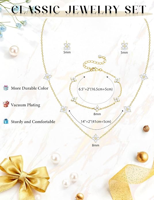 ORAZIO Dainty Silver Gold Jewelry Set for Women Trendy 14K Gold Plated CZ Flowers Pendant Choker Necklaces for Women Stud Earrings Clover Link Bracelets Stack Jewelry Gifts for Wedding Prom Brides