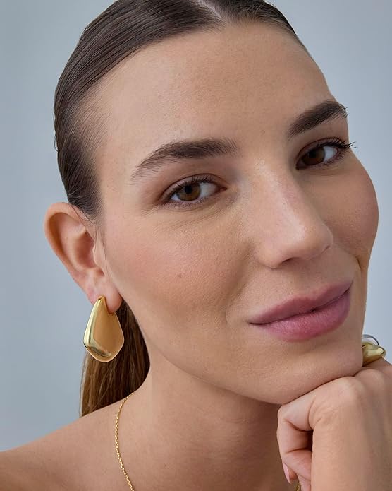 PAVOI 14K Gold Plated 925 Sterling Silver Posts Statement Earrings for Women - Geometric Dome Teardrop Drop Dangle Hoop Chunky Gold Earrings