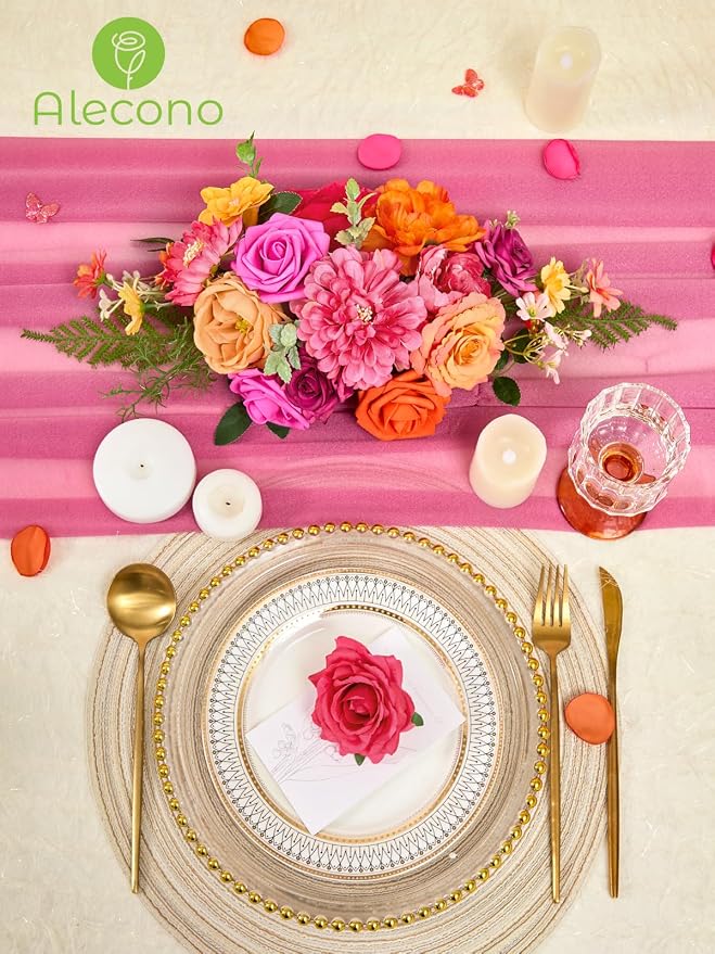 Alecono Orange and Hot Pink Artificial Flowers, Silk Fake Floral Set | - Image 4