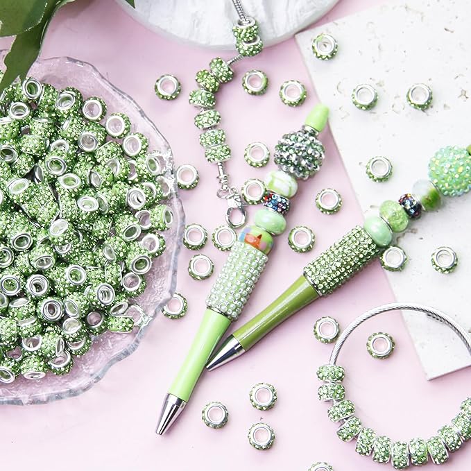 200Pcs Green Large Hole Rhinestone Beads, Round, Loose Beads, Craft Bead, DIY Bracelet Necklace Jewelry Making Supplies