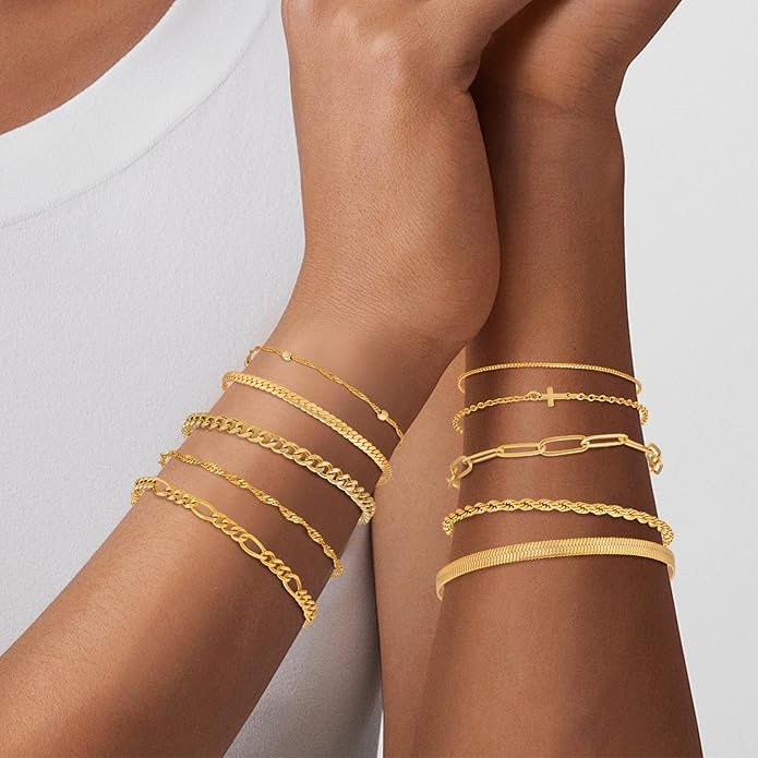 XIANNVXI 10pcs Rose Gold/Gold/Silver Bracelets Stack for Women Dainty Thin Rose Gold Bracelets Set Silver Chain Bracelet Paper Clip Stackable Figaro Herringbone Paperclip Bracelet Pack for Womens
