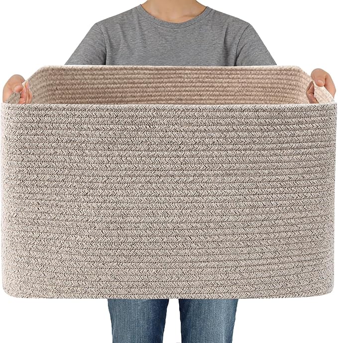 JMvicyroam 65L Large Woven Cotton Rope Blanket Basket, Oatmeal | Blanket Storage by JMvicyroam