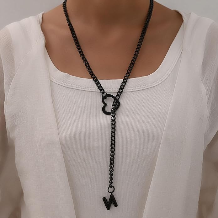 Black Heart Slip Chain Initial Necklaces for Women,Stainless Steel O-Ring Adjustable Lariat Heart Y-Necklace,Punk Gothic Cuban Collar Choker Necklace for women