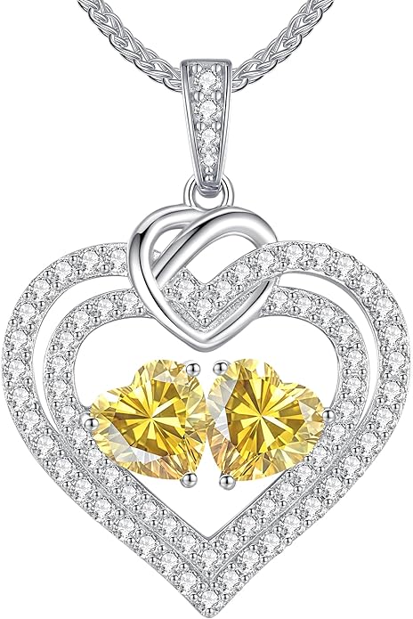 LOUISA SECRET Sparkling Double Heart Birthstone Necklaces for Women, 925 Sterling Silver Fine Jewelry, Pendant Heart Necklaces Birthday Anniversary Christmas Gift for Women Wife Mom Girlfriend Lady