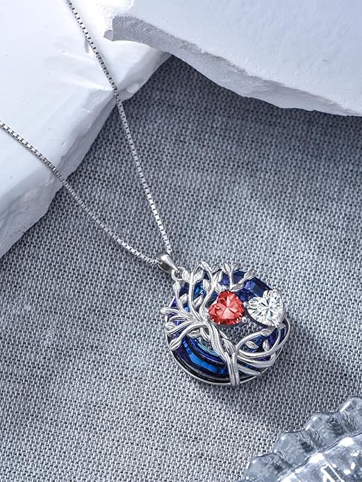 TOUPOP s925 Sterling Silver Family Celtic Tree of Life Pendant Necklaces with 2 Heart Birthstone with Blue Austrian Crystal Jewelry Birthday Valentines Day Gifts for Her, Anniversary Christmas Gifts for Wife Girlfriend Mom (18K Real White Gold Filled)