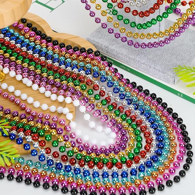 144PCS Mardi Gras Beads, Metallic 12 Kinds Bead Necklace Party Supplies, 33" Mardi Gras Necklace Costume Stuff, Festival Parade Throw Accessories for Wedding Birthday Celebrations Decorations
