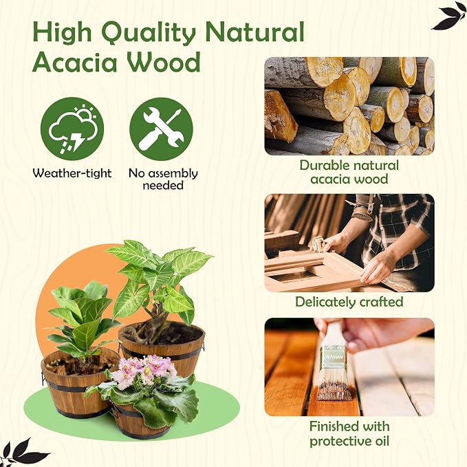 Set of 3 Wooden Flower Boxes Outdoor, Durable Acacia Wood Barrel Planters - Image 2