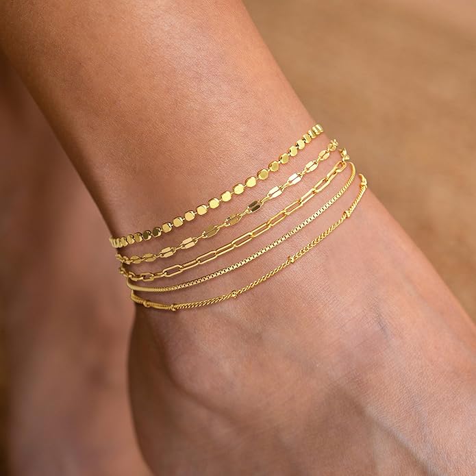 DEARMAY Dainty 14K Gold Plated Ankle Bracelets for Women, Waterproof 14K Gold Plated Link Chain Anklets Non Tarnish Set Pack Summer Beach Jewelry Gift