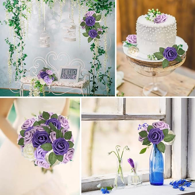 AmyHomie Purple Rose 25pcs Real Looking Artificial Flowers w/Stem | Bouquet - Image 5
