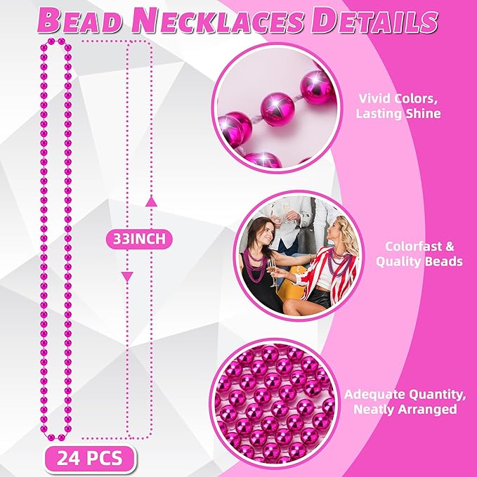 YAXINRUI 24 PCS Hot Pink Bead Necklaces, Pink Mardi Gras Beads, Cancer Awareness Beads Necklaces, Valentine Necklace, 33 Inch Round Party for Mardi Gras Christmas Cancer Awareness Month Events