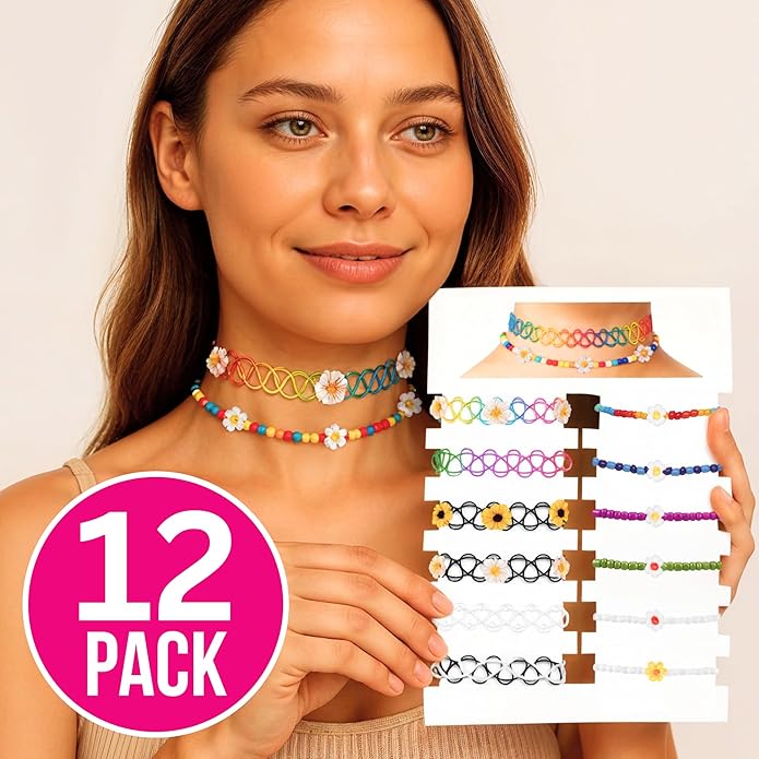BodyJ4You 12PC Tattoo Choker Necklace for Women - 90s Choker Necklaces Y2K Fashion Trendy Vintage - Emo Black Choker Rainbow Pink White Purple Neon Green Blue Daisy Flower