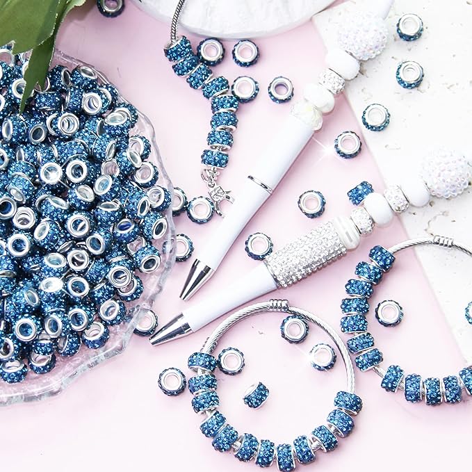 200Pcs Blue Large Hole Rhinestone Beads, Round, Loose Beads, Craft Bead, DIY Bracelet Necklace Jewelry Making Supplies