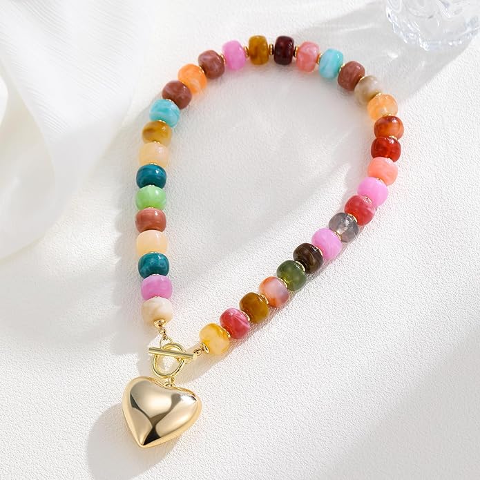GZQ Chunky Gold Heart Necklace for Women, Acrylic Beaded Chain with Puff Heart Adjustable Clasp, Perfect for Daily Wear Party Date Streetwear Outfits Fashion Jewelry Gift