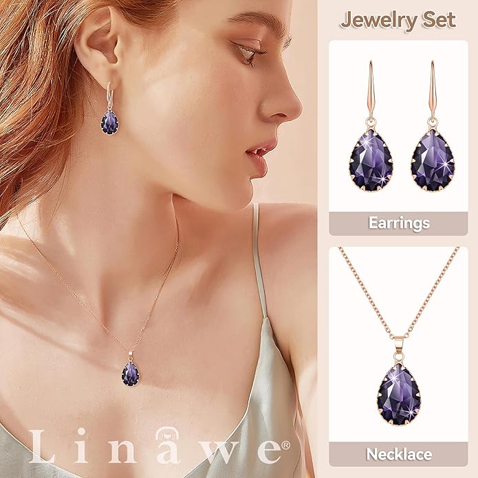 Linawe Crystal Jewelry Sets for Women, Imitation Diamond Pendant Necklace, Rhinestone Drop Dangle Earrings, Birthstone Cubic Zirconia Matching Wedding Jewelry, 14K Gold/Rose Gold/Silver Tones