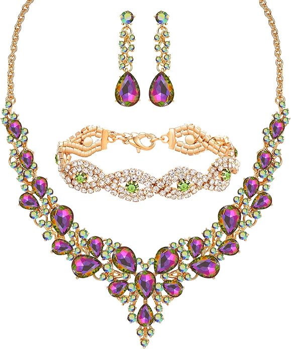 3/4 Pieces Women Jewelry Set Artificial Rhinestone Crystal Bride Statement Choker Necklace Tiara Crown Link Bangle Bracelet Teardrop Dangle Earrings Set