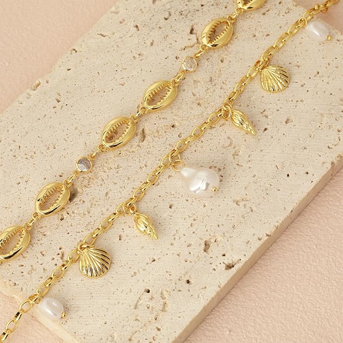 Shell Charm Necklace For Women Stack Seashell Pearl Dainty Starfish Beach Layered 14k Gold Plated Pendant Summer Boho Jewelry Gifts