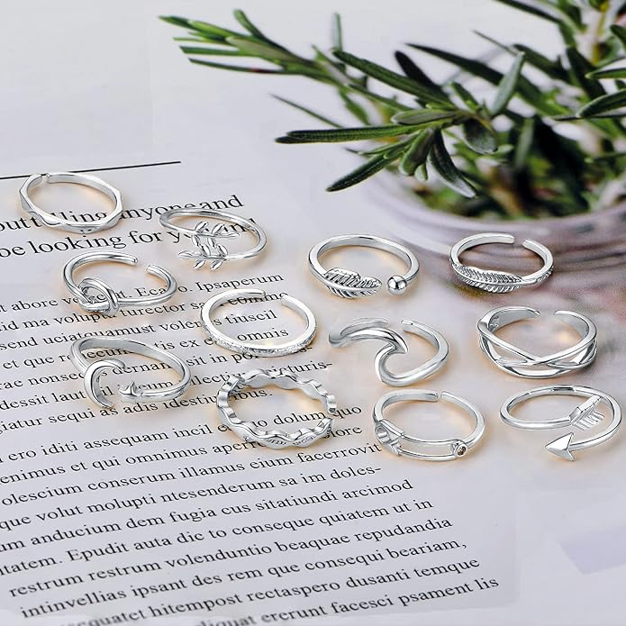 Honsny 12PCS Silver Plated Rings Adjustable Open Rings for Women Cute Gold Plated Stackable Thumb Rings Joint Chain Midi FingerArrow Knot Wave Band Rings Set