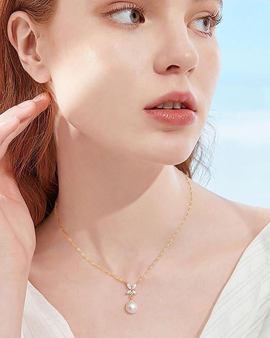 Pearl Necklace for Women with 14K Gold Plated S925 Silver & Butterfly Pendant Necklace, 17.7"+2" Chain Length, Gift for Birthday, Mothers Day, Christmas, Anniversary, Graduation