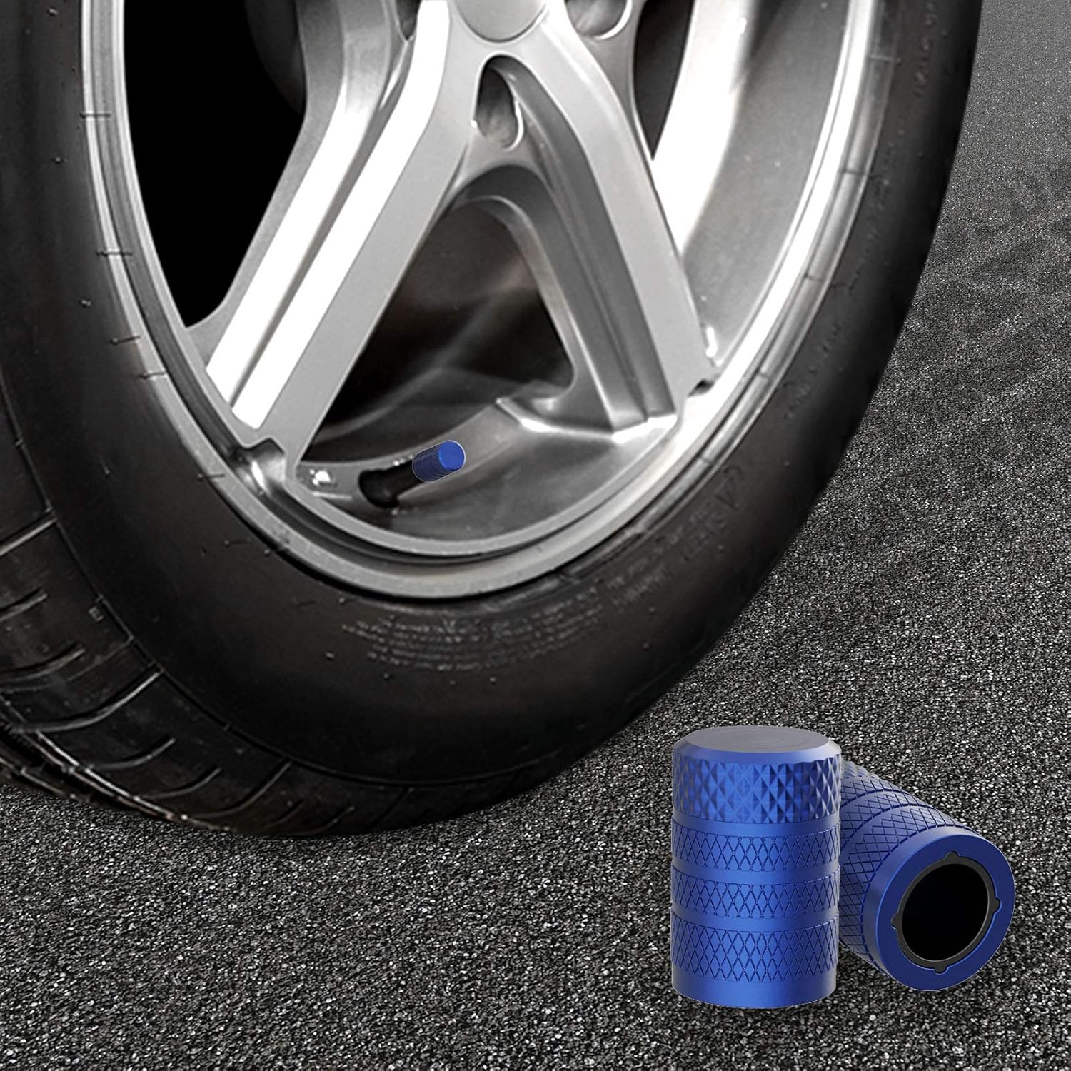 CKAuto Tire Valve Stem Caps, Blue, 4 pcs/Pack, Anodized Aluminum Tire Valve Cap Set, Corrosion Resistant, Universal Stem Covers for Cars Trucks Motorcycles SUVs and Bikes