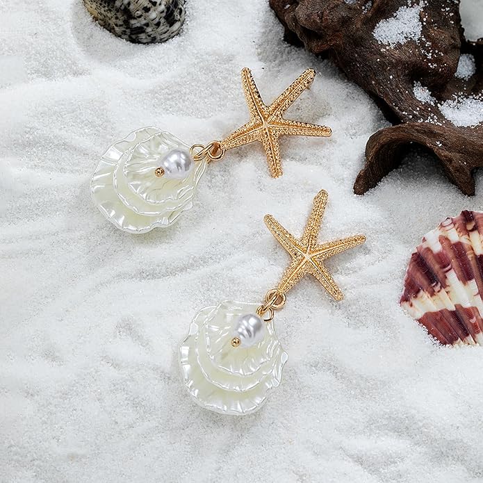 Seashell Starfish Earrings Beach Jewelry for Women Pearl Drop Shell Earrings Ocean Beachy Fashion Accessories Womens Summer Outfits 2026 Tropical Vacation Outfits Beach Vacation Clothes Dresses