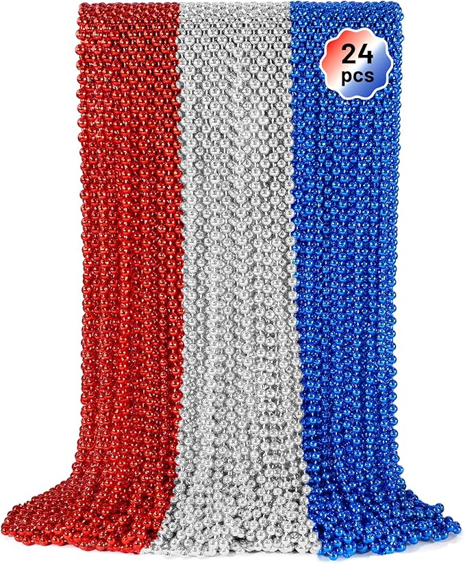 YAXINRUI 24 PCS Patriotic Beads Necklaces, 4th of july Accessories 33 Inch Independence Day Bead Necklace 4th of July Beads for Patriotic Parade Party
