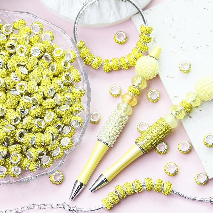 150Pcs Rhinestone Large Hole Beads Spacer Beads Yellow European Craft Big Beads Large Hole Rhinestones Lampwork Murano Bead Fairy Wand Garden Beads for DIY Bracelet Necklace Jewelry Making Supplies