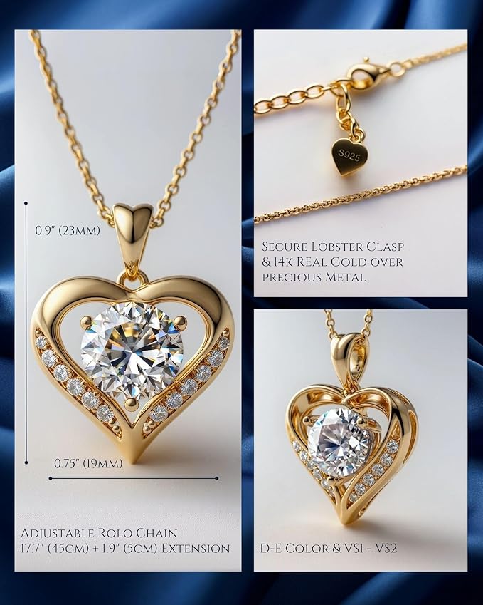 Moissanite Necklace for Women - 14k Gold Heart Necklaces - Moissanite Pendant 2 - 3 Carat - Valentines Day Love for Women - Jewelry Gift for Anniversary, Girlfriend Birthday - Jewelry for Wife from Husband
