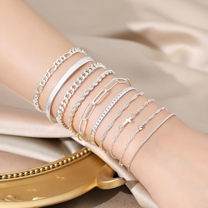 XIANNVXI 10pcs Rose Gold/Gold/Silver Bracelets Stack for Women Dainty Thin Rose Gold Bracelets Set Silver Chain Bracelet Paper Clip Stackable Figaro Herringbone Paperclip Bracelet Pack for Womens