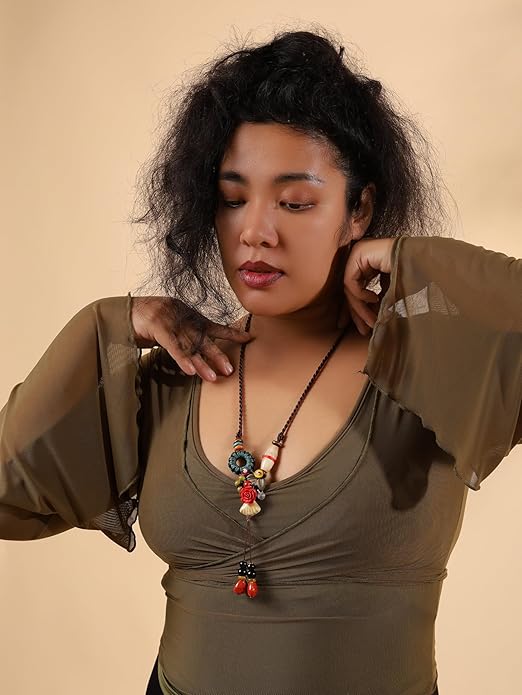 MINACHI Boho Hippie Colorful Ceramic Beads Strand O Ring Circle Charm Long Y Necklace, Vintage Bohemian Statement Jewelry Gift for Women