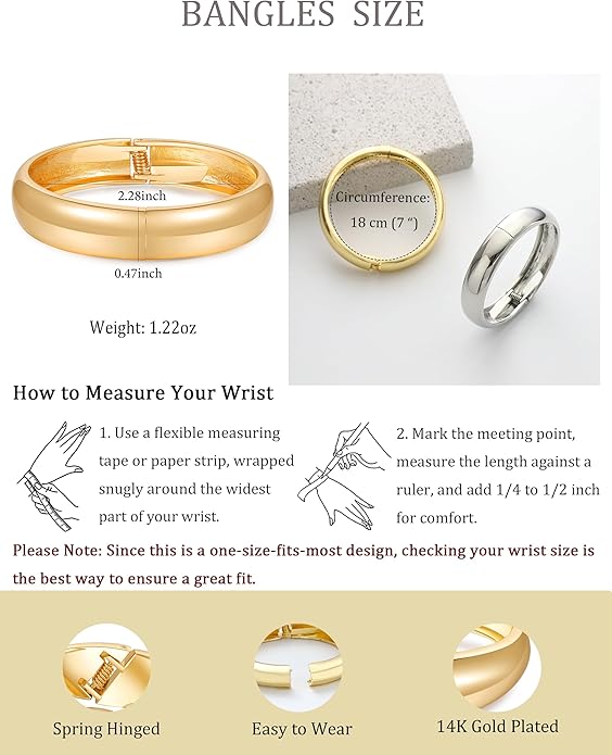 2pcs Gold Bangle Bracelets for Women, Trendy Hinged Cuff Open Wide Chunky Gold Bracelet Stack Arm Cuff Jewelry for Women