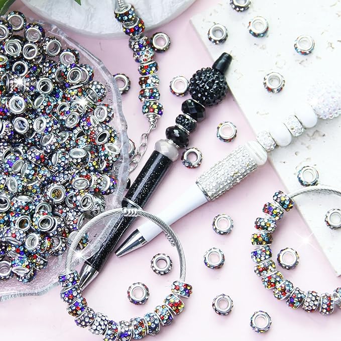 150Pcs Rhinestone Large Hole Beads Spacer Beads Black Color European Craft Big Beads Large Hole Rhinestones Lampwork Bead Fairy Wand Garden Beads for DIY Bracelet Necklace Jewelry Making Supplies
