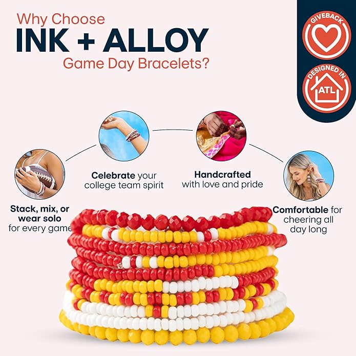 INK + ALLOY Game Day Bracelet Stacks, Beaded Bracelets for Football Gameday Outfits, Handmade Jewelry for College Students, Teachers, Football Moms, Set of 10