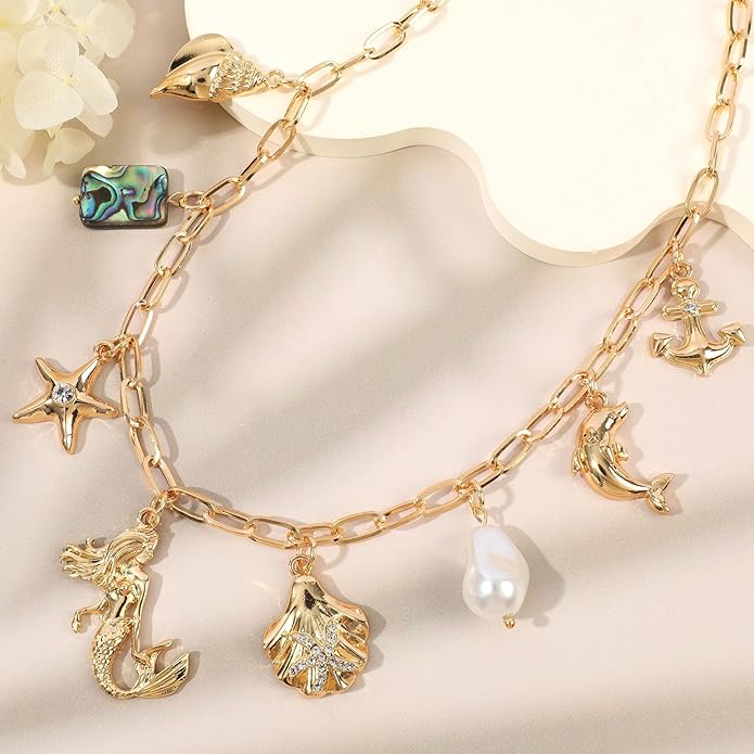 [3 Trendy Styles] Women's Necklaces - Alloy with Glass Crystals & Pearls, Electroplated O - Link Chain, Mermaid Inspired by Fantasy Aesthetics/Bow with Y2K Sweet Charm/Cherry Fruit in the Latest Kawaii Vibe, 47cm(18.5in) Chain Length + 6.5cm(2.55in) Ex...