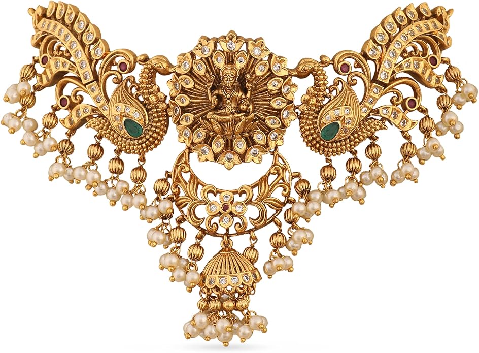 TARINIKA Brass Indian Choker Necklace Set - Gold Plated Cubic Zirconia Indian Jewelry Sets for Women Dangle, Drop, Jhumka Earrings Traditional Desi Necklace Pearls Gift for her
